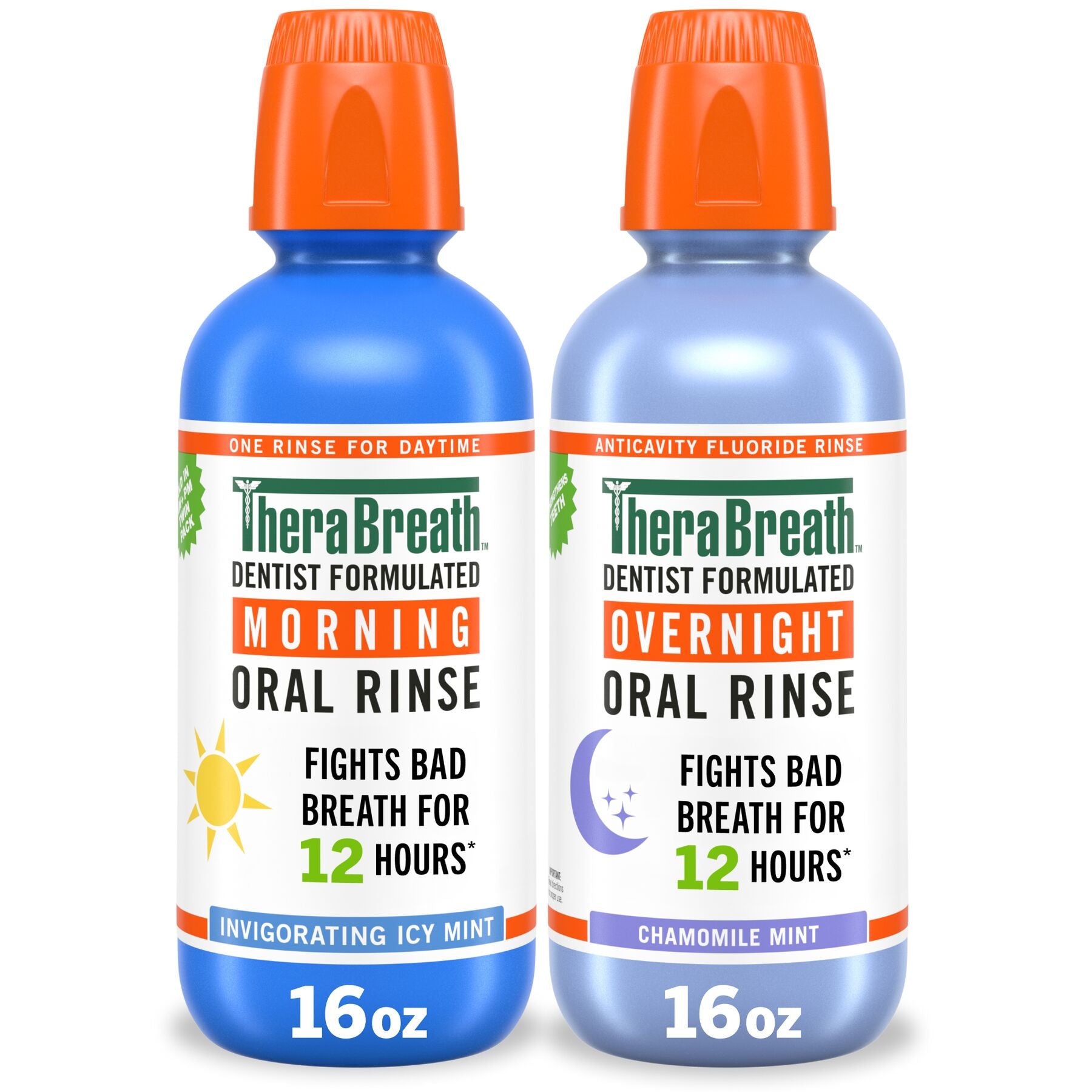 TheraBreath AM + PM Mouthwash Bundle. Morning & Overnight Rinses. 16 fl oz. 2-Pack