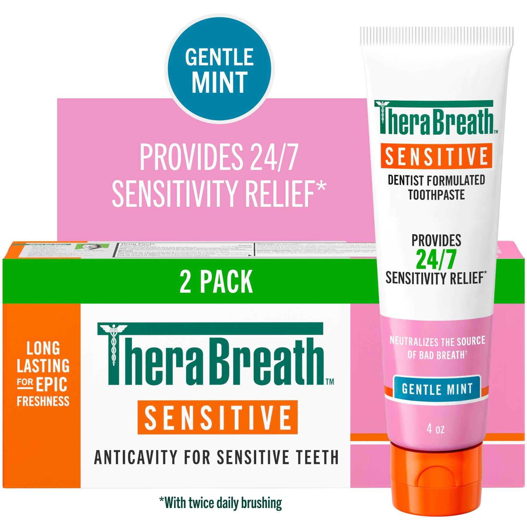 TheraBreath Sensitive Toothpaste. 24/7 Sensitivity Relief (1). With Fluoride for Anticavity Protection. Gentle Mint. 4 Oz