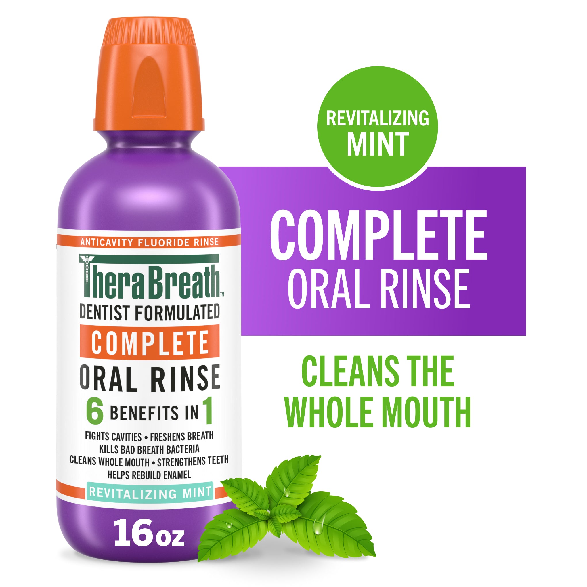 TheraBreath Complete Mouthwash. 6-in-1 Bene?ts. Alcohol-Free. Revitalizing Mint